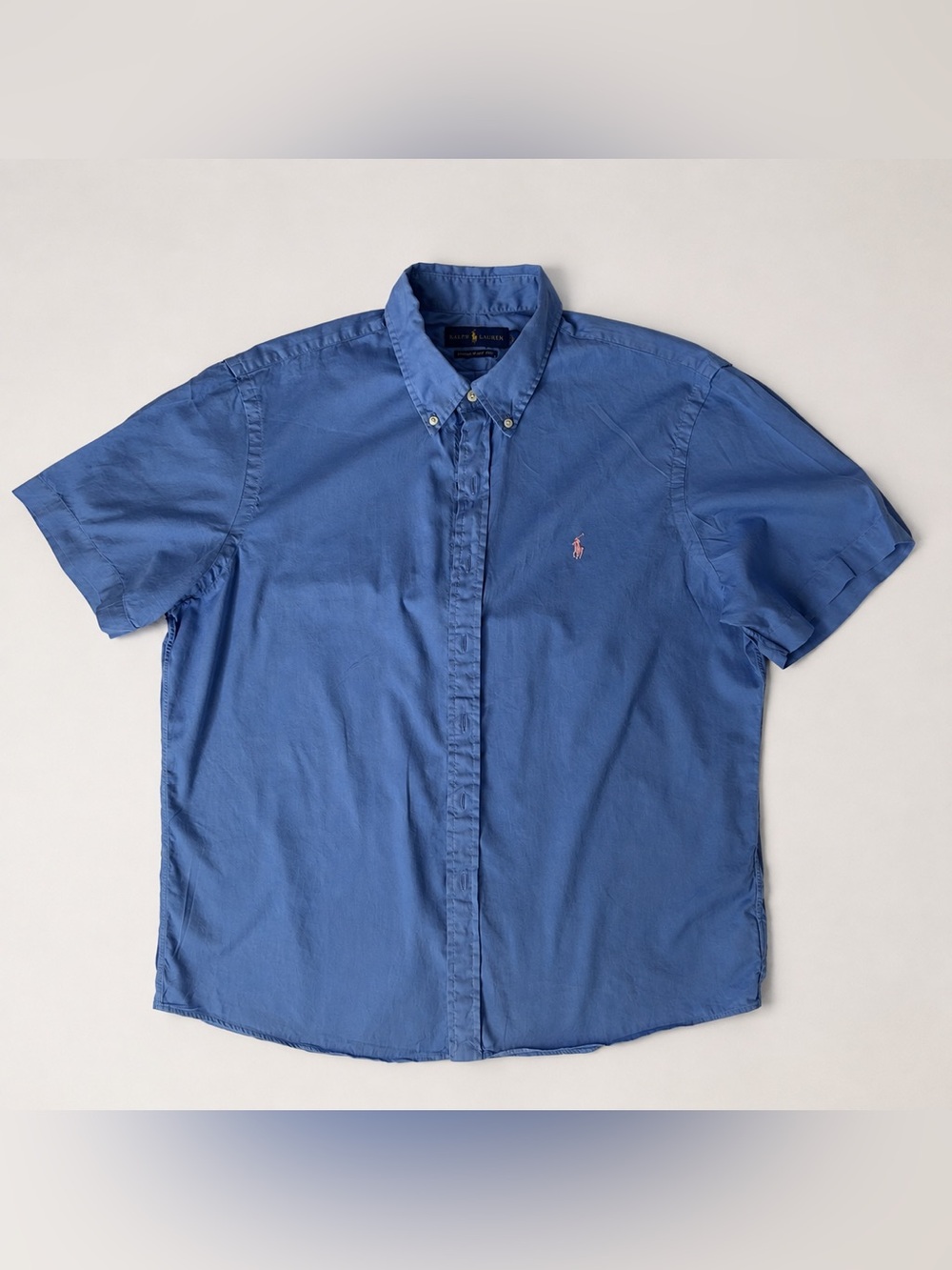 100% cotton Ralph Lauren short sleeve button down shirt in light blue, men’s L